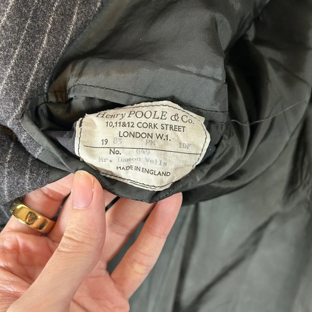 VTG Henry Poole Savile Row Bespoke Double Breasted Suit Chalk Stripe Men 44R 80s